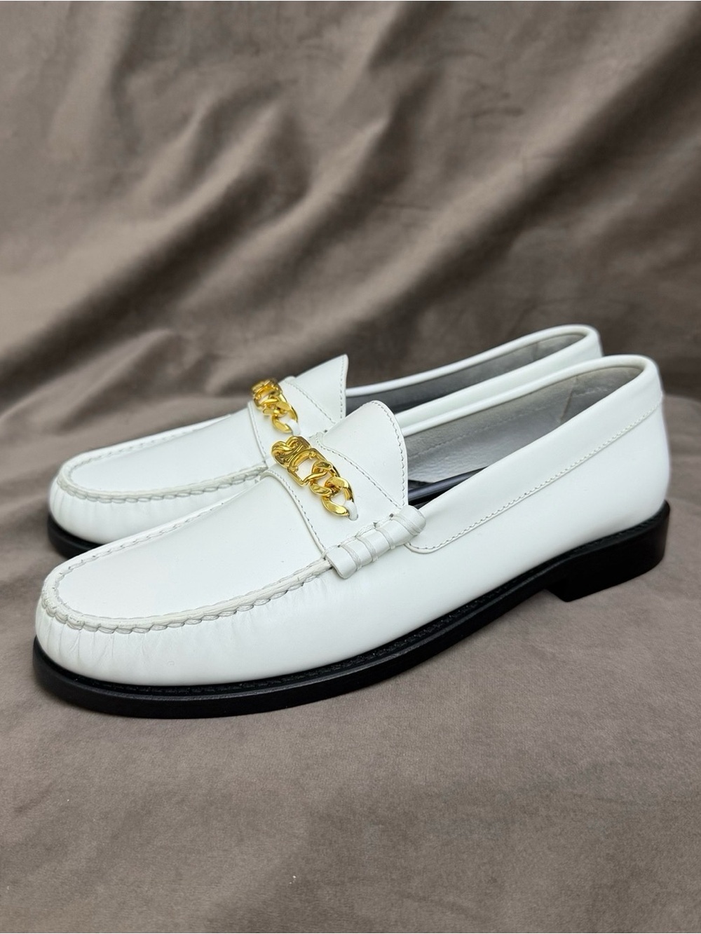 Celine White Leather Loafers with Gold Chain Accent